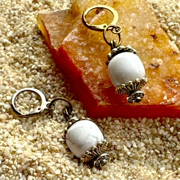 Howlite and brass western style chunky spheres dangle earrings/ patience - Picture 1 of 5